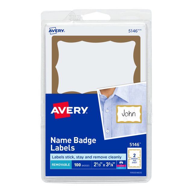 AVERY PRODUCTS CORPORATION Avery 5146  Name Tags, 05146, 2-1/3in x 3-3/8in, White With Gold Border, 100 Removable Name Badges