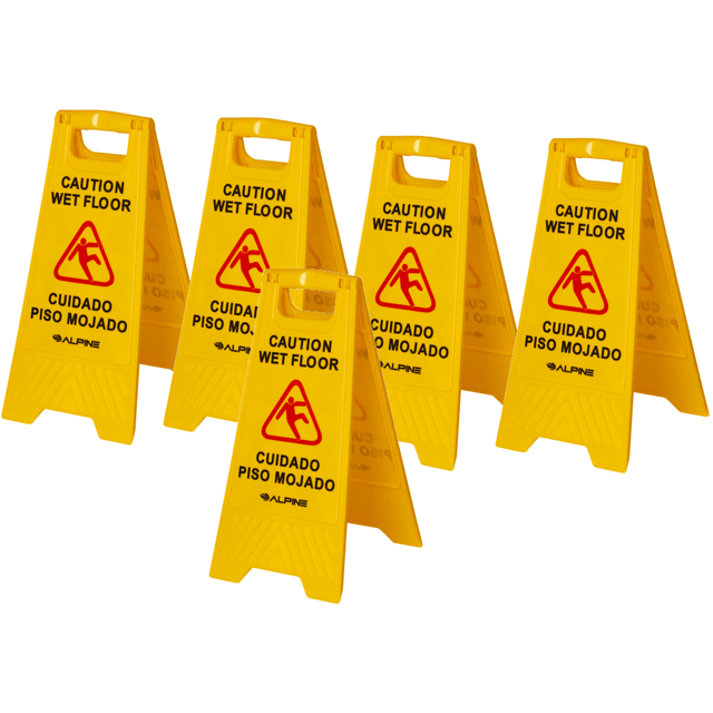 ADIR CORP. Alpine ALP499-5PK  Industries Bilingual Caution Wet Floor Signs, 24-5/8in x 11-13/16in, Yellow, Pack Of 5 Signs