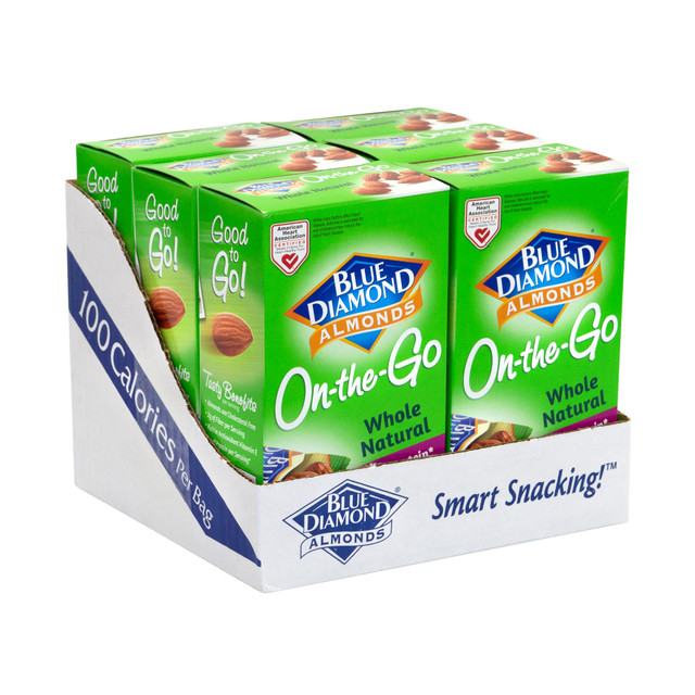 Snack smart with these whole, natural almonds. The single-serve pouches are great for your commutes, meetings and more.  Whole almonds let you enjoy a crunchy, healthy snack that tastes great.  Free of trans fat and cholesterol for an ideal snack.  Kosher almonds meet special dietary considerations.  On-the-go pouches allow easy portability.