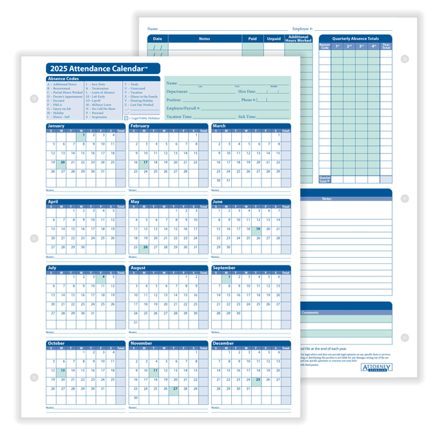 TAX FORMS PRINTING, INC. A4000WPK25 ComplyRight 2025 Attendance Calendar Cards, 8 1/2in x 11in, White, Pack Of 25 TAX FORMS PRINTING, INC. A4000WPK25 ComplyRight 2025 Attendance Calendar Cards, 8 1/2in x 11in, White, Pack Of 25
