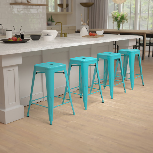 FLASH FURNITURE 4ET3132024TLR  24in Metal Counter-Height Bar Stools, Set Of 4 Bar Stools, Teal