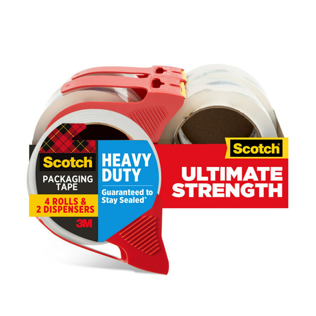 Now even the heaviest packages can withstand rough handling. Scotch Heavy Duty Shipping Packaging Tape holds strong on all box types. Its even guaranteed to stay sealed.* The strong, tough, solvent-free adhesive locks in your heavy duty contents and locks out everything else. This premium quality tape provides excellent holding power for heavy-duty packaging, shipping and moving. You don"t need layers of tape to get the job done-just one strip at a time-so you save time. The dispenser is refillable and reusable and includes fall-back tabs to help ensure your tape doesnT fall back on the roll. Your heavy packages can bear the weight and stay sealed through it all with Scotch Heavy Duty packaging tape.  GUARANTEED TO STAY SEALED: Boxes sealed with Scotch Heavy Duty Packaging Tape are guaranteed to stay sealed. (If your box does not stay sealed, 3M will refund the purchase price of this tape. Proof of purchase required. Call 1-800-3M-HELPS)  BEST-SELLING: Scotch Brand is Americas #1 selling Packaging  Tape Brand, based on NPD 2022 full year packaging tape category sales  MOST TRUSTED BRAND: Scotch Brand is the Most Trusted, Most Recommended and Most Preferred brand of Packaging Tape in the USA, based on a 2022 Scotch Brand Health Study of Packaging Tape Purchasers  SUPER STRONG HOLDING POWER: Provides excellent holding power for heavy-duty packaging and shipping. Strong, durable solvent-free adhesive seals and protects  MADE TO SHIP: Designed with industrial strength adhesive that can withstand rough handling  CLEAR: Clear to the core, clear on boxes  DURABLE THICKNESS: Typical thickness 3 mil  ONE STRIP AND IT SHIPS: You don"t need layers of tape to get the job done - just one strip each seam top and bottom - so you save time  HASSLE-FREE: Included dispenser includes fall-back tabs to help ensure the tape doesnT fall back on the roll and will be  aready-to-roll for the next use  RECYCLED CONTENT: Dispenser contains 80% recycled content  Made in the USA with Globally Sourced Materials  Contains Recycled Content - See Specs for Details.