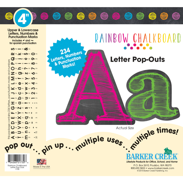 BARKER CREEK PUBLISHING, INC. LL1730 Barker Creek Letter Pop-Outs, 4in, Rainbow Chalk, Set Of 255