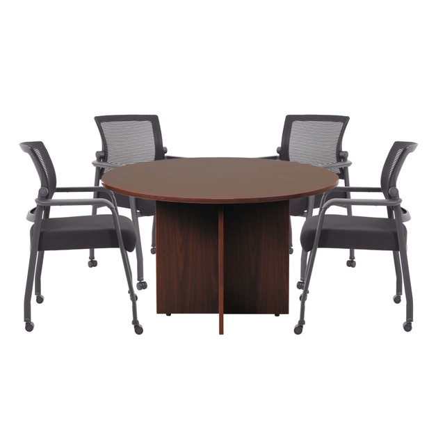 NORSTAR OFFICE PRODUCTS INC. Boss GROUP123M-B  Office Products 47in Round Table And Mesh Guest Chairs With Casters Set, Mahogany/Black