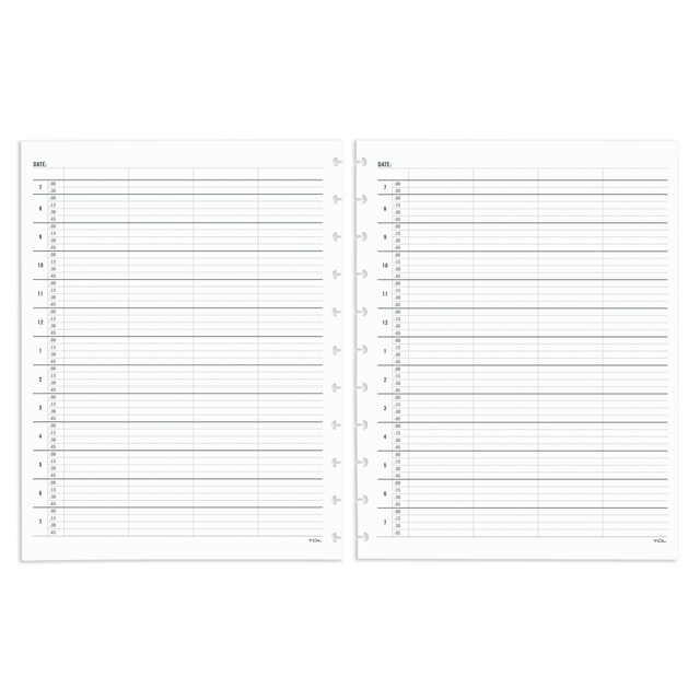 The TUL Custom Note-Taking System Discbound Daily Appointment Refill Pages can be used by up to 4 people, making them great for families or small businesses. The pages feature quarter-hourly appointments and are undated, so you can fill them in as important events come up.  1 day on each page.  Quarter-hourly appointments from 8:00 am to 7:45 pm with 2 half-hour slots at 7:00 and 7:30 am.  Undated for use any time of year.  Punched with 11 holes.  Allows up to 4 people to share the same appointment book.  Compatible with most letter-size TUL Custom Note-Taking System Discbound Notebooks (sold separately).
