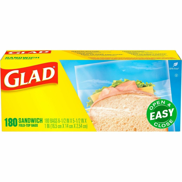 THE CLOROX COMPANY 60771 Glad Food Storage Bags - Sandwich Fold Top - 6.50in Width x 5.50in Length - Zipper Closure - Clear - Plastic - 1/Box - 180 Per Box - Multipurpose