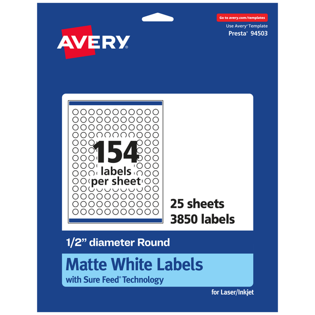 AVERY PRODUCTS CORPORATION 94503-WMP25 Avery Permanent Labels With Sure Feed, 94503-WMP25, Round, 1/2in Diameter, White, Pack Of 3,850 AVERY PRODUCTS CORPORATION 94503-WMP25 Avery Permanent Labels With Sure Feed, 94503-WMP25, Round, 1/2in Diameter, White, Pack Of 3,850