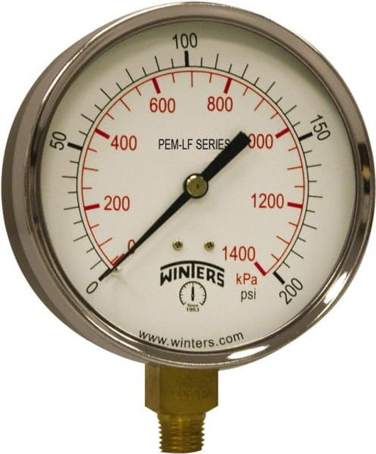 Winters PEM225LF Pressure Gauge: 4" Dial, 1/4" Thread, NPT, Lower Mount