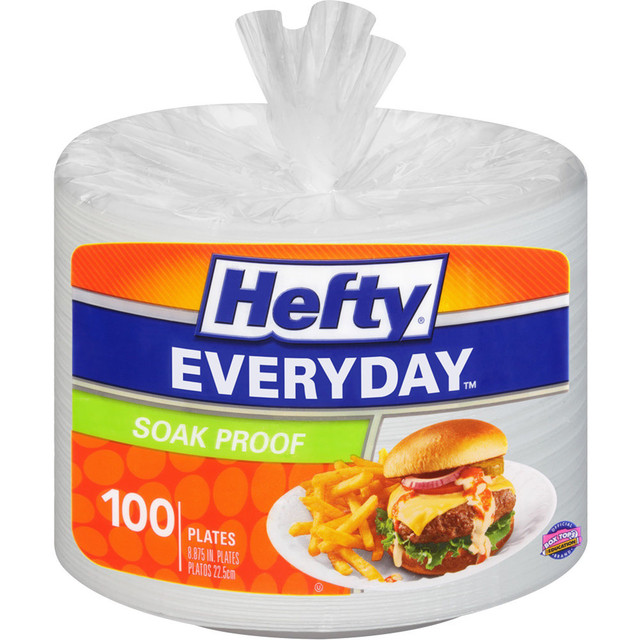REYNOLDS CONSUMER PRODUCTS LLC D28100 Hefty Everyday Soak Proof Disposable Foam Plates, 8 14/16in Diameter, White, Pack Of 100