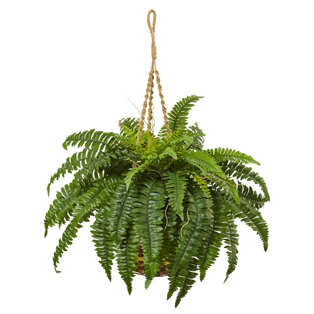 NEARLY NATURAL INC. 6930 Nearly Natural 33inH Polyester Boston Fern With Hanging Basket, Green NEARLY NATURAL INC. 6930 Nearly Natural 33inH Polyester Boston Fern With Hanging Basket, Green