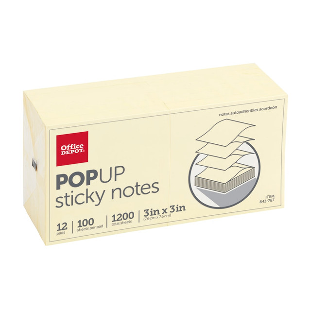 OFFICE DEPOT 21395  Brand Pop Up Sticky Notes, 3in x 3in, Yellow, 100 Sheets Per Pad, Pack Of 12