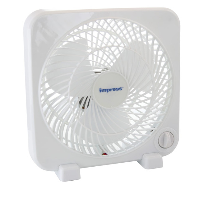 Stay cool on warm days with this Impress Box Fan. Use the rotary switch control to choose from the 3 speeds, so you can find the cooling level that suits your comfort.  Choose the speed setting thats right for you. Offers 3 speeds to match the heat of the day.  Rotary switch control offers simple operation.  Whisper-quiet operation delivers reliable cooling with minimal noise.  Crafted from plastic for durability.  Backed by the manufacturers 1-year limited warranty.