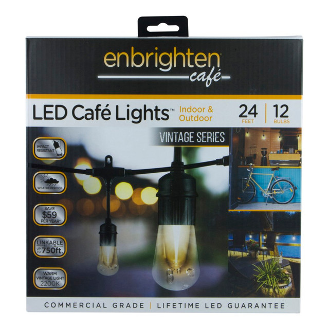 JASCO 35629 Enbrighten Vintage LED Cafe Lights, 24ft, Indoor/Outdoor, White Cord/White Lights JASCO 35629 Enbrighten Vintage LED Cafe Lights, 24ft, Indoor/Outdoor, White Cord/White Lights