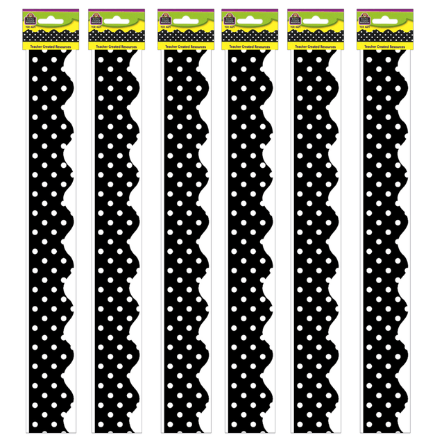 Create a unique bulletin board theme with the Teacher Created Resources Scalloped Border Trim Pack. These vibrant border trim strips are made of acid-free paper and help liven up your classroom.  Scalloped border trim helps liven up any classroom.  Made of acid-free paper.  Creates themes for bulletin boards, walls, windows and projects.  Each pack includes 12 pieces for a total length of 35ft. Sold as 6 packs for a total of 210ft.