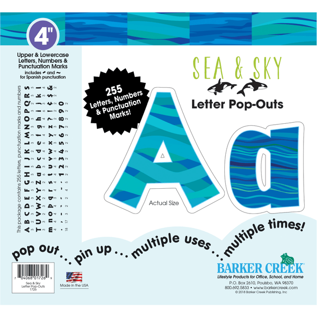 Barker Creek Letter Pop-Outs add a splash of color and creativity to the classroom. They are perfect for decorating bulletin boards, displays and posters.  Includes a well-researched assortment of letters, numbers and punctuation marks. Also includes Spanish punctuation marks.  Recommended for students of all ages.  Characters boast soothing blues and greens for a stylish touch.