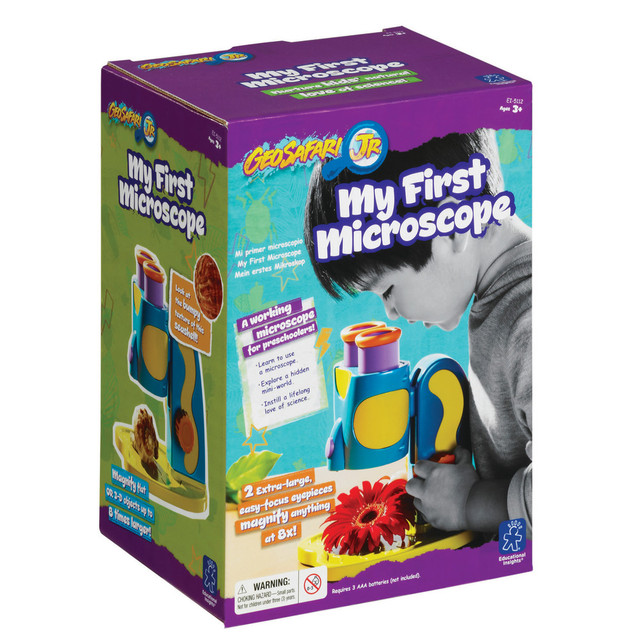 Fully functioning microscope helps budding scientists explore and discover the world around them. Observe nature up close and perform fun experiments.  Up to 8x magnification provides an up-close view of your subject.  2 extra-large eyepieces provide comfort.  Large focus knob is easy for little hands to grasp.  Push-button LED illuminates your subject, so you can check out the details.  Powered by 3 AAA batteries (sold separately).