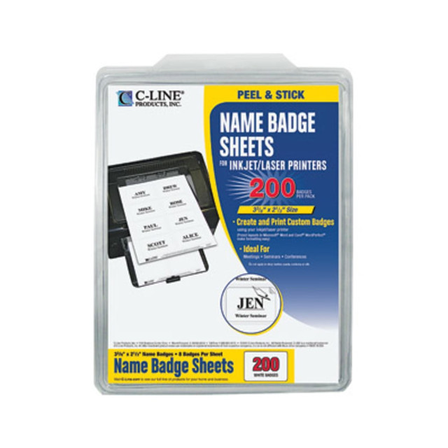 CLINE PRODUCTS INC 92377 C-Line Name Tag Label Sheets for Laser/Inkjet Printers - White, Peel & Stick, 8/Sheet, 3-3/8 x 2-1/3, 200/BX, 92377