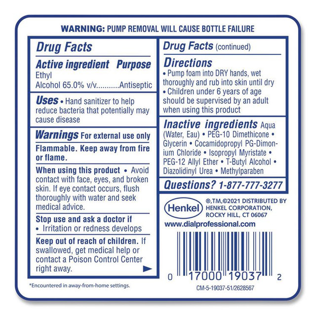DIAL PROFESSIONAL 19038 Antibacterial Foaming Hand Sanitizer Refill for FIT Manual Dispenser, 1.2 L Bottle, Fragrance-Free, 3/Carton