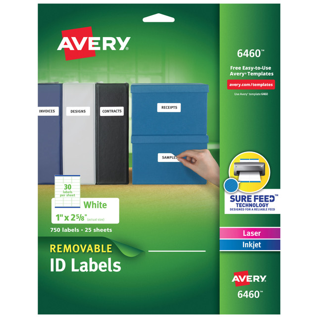 AVERY PRODUCTS CORPORATION 6460 Avery Removable Laser/Inkjet ID Labels, 6460, Organization, 1in x 2 5/8in, White, Pack Of 750