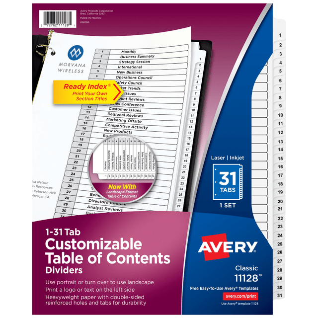 AVERY PRODUCTS CORPORATION 11128 Avery Ready Index 1-31 Tab With Customizable Table Of Contents Dividers, Letter Size, 31 Tab, White, 1 Set AVERY PRODUCTS CORPORATION 11128 Avery Ready Index 1-31 Tab With Customizable Table Of Contents Dividers, Letter Size, 31 Tab, White, 1 Set