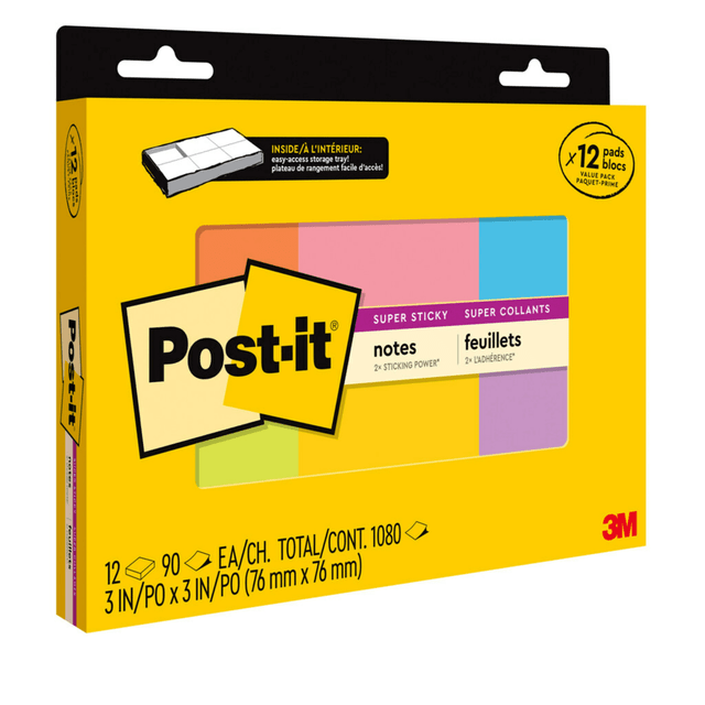 3M CO Post-it 654-12SSTRAY  Super Sticky Notes, 3 in x 3 in, 12 Pads, 90 Sheets/Pad, Clean Removal, Assorted Colors