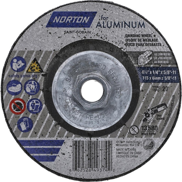 Norton 66252849374 Depressed-Center Wheels; Wheel Diameter (Inch): 4-1/2 ; Wheel Thickness (Inch): 1/4 ; Wheel Thickness (Decimal Inch): 0.2500 ; Hole Size: 5/8 (Inch); Wheel Type: Type 27 ; Abrasive Material: Aluminum Oxide