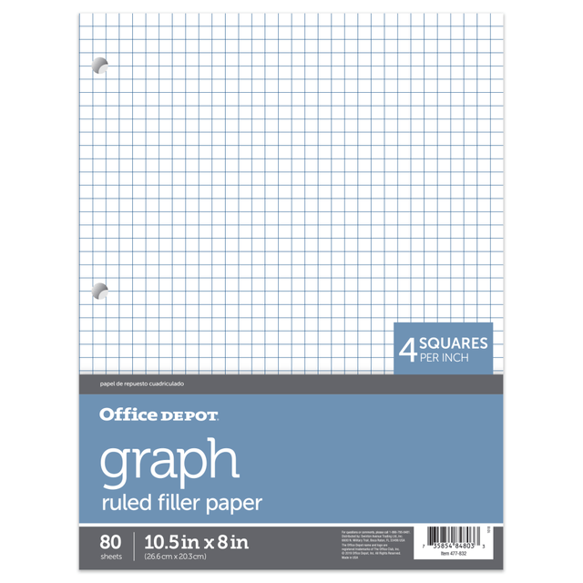 OFFICE DEPOT 19013  Brand Quadrille-Ruled Notebook Filler Paper, 8in x 10 1/2in, White, Pack Of 80 Sheets