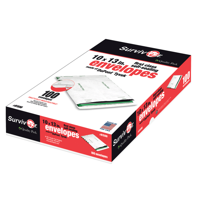 QUALITY PARK PRODUCTS R1590 Quality Park Tyvek Envelopes, First Class, 10in x 13in, White, Box Of 100 QUALITY PARK PRODUCTS R1590 Quality Park Tyvek Envelopes, First Class, 10in x 13in, White, Box Of 100