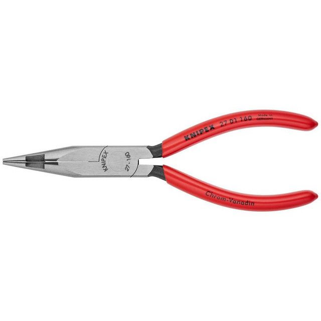 Knipex 27 01 160 Long Nose Pliers; Pliers Type: Long Nose Pliers; Cutting ; Jaw Texture: Serrated ; Jaw Length (Inch): 1-27/32 ; Jaw Width (Inch): 21/32 ; Jaw Bend: 0.41 ; Handle Type: Comfort Grip