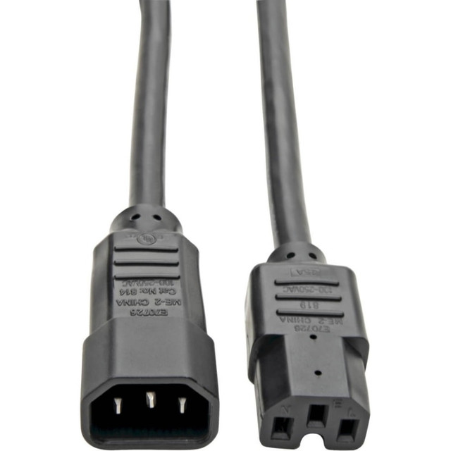 Versatile voltage support. Capable of handling AC voltage from 100 to 250 V, this cable is perfect for a variety of devices, ensuring compatibility across different power requirements.  Flexible connectivity. Featuring IEC 60320 C15 and C14 connectors, the cable delivers flexible connectivity options for different types of devices, enhancing utility across multiple applications.  Durable construction. The power cord is built with 14 AWG wire, ensuring durability and reliability for heavy-duty applications. This allows the cable to maintain its integrity even in high-demand situations.  Ideal length. At 3 ft. (0.91 m), this power cord provides an optimal length for most setups, allowing for straightforward installation while minimizing clutter.  Safe and certified. Complying with UL and cUL standards, this power cord provides safety and performance, giving users confidence in its use in various settings.