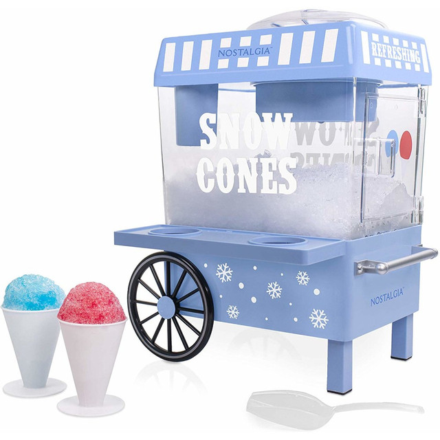 Cool off during the summer months with a Nostalgia Snow Cone Maker. Durable stainless steel blades quickly and efficiently chop ice cubes to create fluffy snow cones.  Hold up to twenty 8 oz snow cones at a time.  Precision-cut stainless steel blades work quickly and efficiently to shave ice cubes.  Clear chamber offers 360 deg. views.  Side shelf can be used as a prepping station to hold 2 snow cones.  Safety switch is built into the shaving mechanism to keep hands safe.  Includes two 8 oz reusable plastic snow cones, an ice shaving canister and lid, an ice feed insert and an ice scoop.  Backed by the manufacturers 1-year limited warranty.