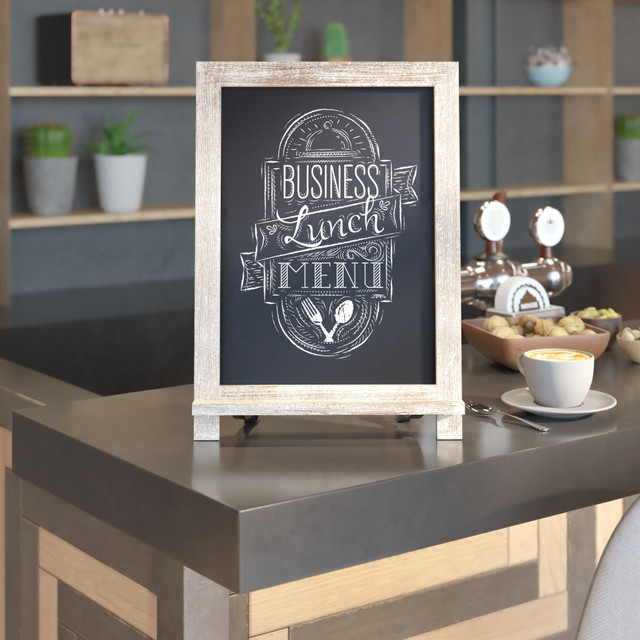FLASH FURNITURE 10HFKHDI822315  Canterbury Tabletop Magnetic Chalkboard Signs With Scrolled Legs, Porcelain Steel, 17inH x 12inW x 1-7/8inD, Weathered Brown Wood Frame, Pack Of 10 Signs