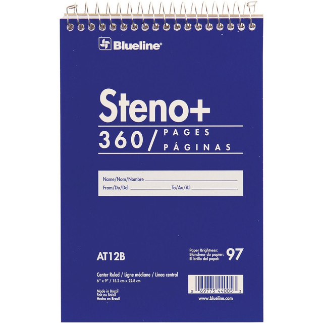 REDIFORM, INC. AT12B Blueline White Paper Wirebound Steno Pad - 180 Sheets - Wire Bound - Front Ruling Surface - 6in x 9in - White Paper - Cardboard Cover - Stiff-cover - 1Each