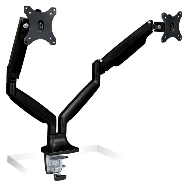 The MI-1772 monitor mount helps you increase productivity and clear up extra space on your desk. Full motion arms swivel, tilt, rotate and move up and down to position the monitors just right for you. The gas spring mechanism includes an adjustable counterbalance so that you can make fluid and easy height adjustments to your screen and position your displays in the optimum viewing position. Rotate your screens between portrait and landscape mode to suit your workflow needs. Cable management sleeves offer a clean, clutter-free look so you can utilize your desk space more efficiently. The dual base allows supports clamp or grommet installations.    MI-1772 is compatible with screens up to 32in on each arm    Clear up desk space and raise your monitors off your desk    Full motion arm swivels and tilts your screen to find an ergonomic position    Rotate between portrait and landscape to suit your changing workflow    Gas spring feature allows fluid and easy height adjustment to find the perfect viewing angles  VESA Standard: VESA 75 (hole pattern: 75 x 75 mm), VESA 100 (hole pattern: 100 x 100 mm)  Weight capacity: 20 lbs for each arm.  Spring Arm Height adjustable up to 13 inches  Monitor can be installed either in portrait or landscape shape  Tilt: up 90 degrees to down 90 degrees  Swivel: 180 degrees at two joints and 360 degrees at one joint  Integrated cable management system