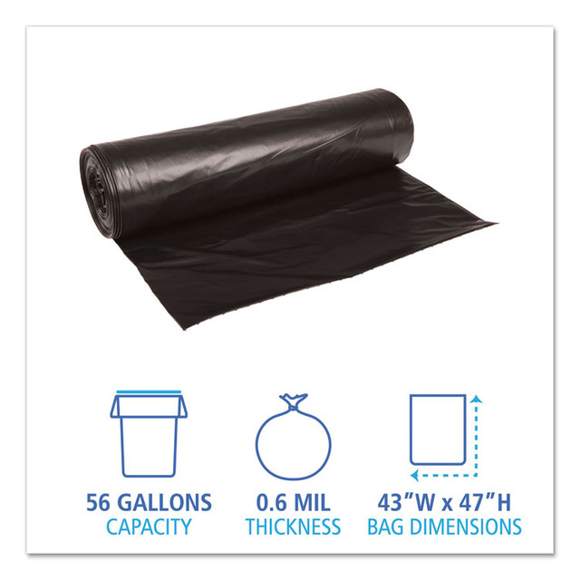 BOARDWALK 4347H Low-Density Waste Can Liners, 56 gal, 0.6 mil, 43" x 47", Black, 25 Bags/Roll, 4 Rolls/Carton