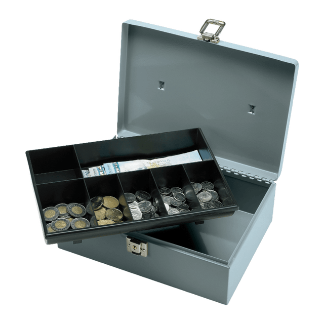 SP RICHARDS 15501 Sparco All-Steel Latch Lock Cash Box With Tray, 7 Compartments, 4in x 11in x 7 3/4in, Gray SP RICHARDS 15501 Sparco All-Steel Latch Lock Cash Box With Tray, 7 Compartments, 4in x 11in x 7 3/4in, Gray