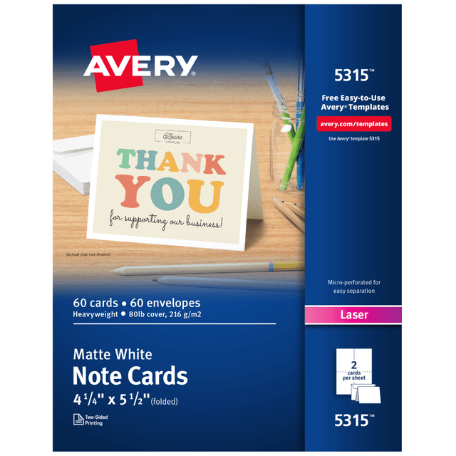 Avery Note Cards makes it so easy to create your own personalized greeting cards, party invitations, and business marketing collateral that you will wonder why you havenT been doing it all along. Crafted from 80 lbs / 216 gsm heavyweight cardstock, this pack of premium white cards comes micro-perforated and scored for smooth-edged note cards that are easy to separate and fold. For added value, this pack of cards also includes envelopes.  Easily customize your own invitations, personalized stationery, note cards, thank you cards, birthday cards and more with templates and designs with Avery Design & Print Online.  Enjoy a clean, professional finish from customizable cards that are pre-scored for easy folding and feature precise cuts designed for clean, smooth edges.  Print beautiful, double-sided designs on premium, white printable cardstock paper with a weight of 80 lbs / 216 gsm.  Each sheet of printable cardstock is optimized for laser printers, resulting in crisp text, vivid images and smudge-free printing.  Item includes 30 printable sheets with a total of 60 4.25in x 5.5in blank note cards and 60 envelopes perfect for holiday cards, greeting cards, save the dates and more.  Forest Stewardship Council (FSC) certified - made from wood/paper that comes from forests managed to rigorous environmental and social standards, supported by the worlds leading conservation organizations.  Leadership forestry - from forests or sourcing programs that meet specific environmental standards, helping you support practices that better protect forests and the environment.
