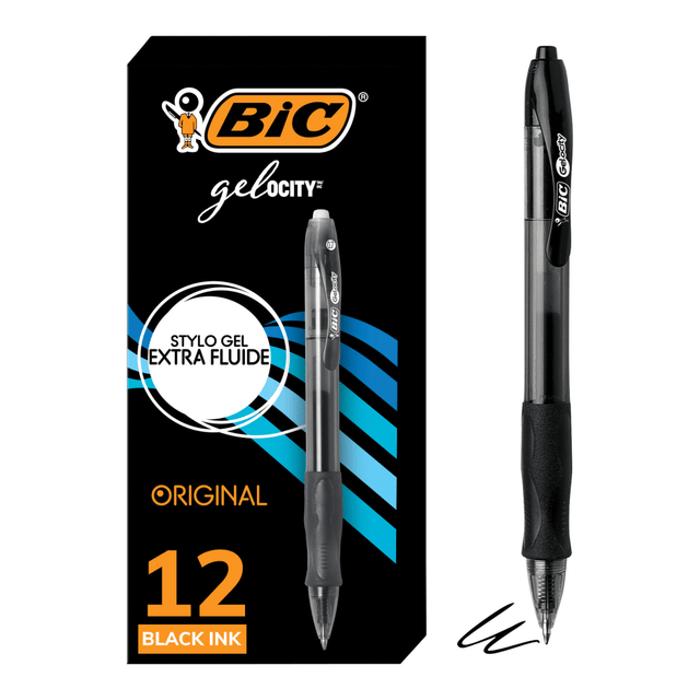 BIC CORP RLC11-BLK BIC Gel-ocity Original Long Lasting Retractable Gel Pens, Medium Point, 0.7 mm, Black Barrel, Black Ink, Pack Of 12