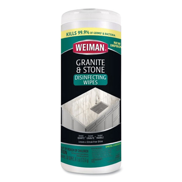 WEIMAN 54A Granite and Stone Disinfectant Wipes, 1-Ply, 7 x 8, Spring Garden Scent, White, 30/Canister, 6 Canisters/Carton