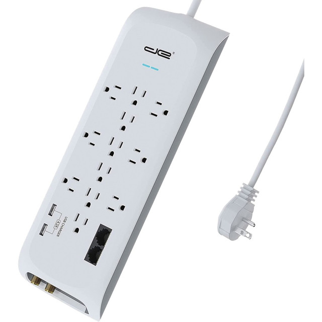 DIGITAL ENERGY DEE1-1122  World 12-Outlet Surge Protector Power Strip with 2 USB Ports (White, 6-Foot Cord) - 12 x AC Power, 2 x USB - 1875 VA - 4200 J - 120 V AC Input - Coaxial, Ethernet, Phone/Modem - 6 ft