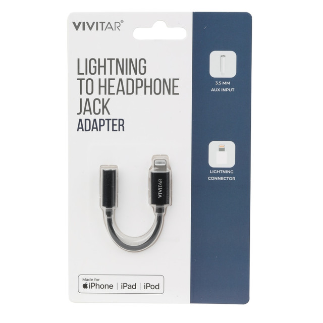 Listen to your favorite music using the Vivitar Lightning To Headphone Jack Adapter. The compact design is ideal for taking on the go.  3.5mm AUX jack adapter connects lightning USB to headphones.  Compact design.