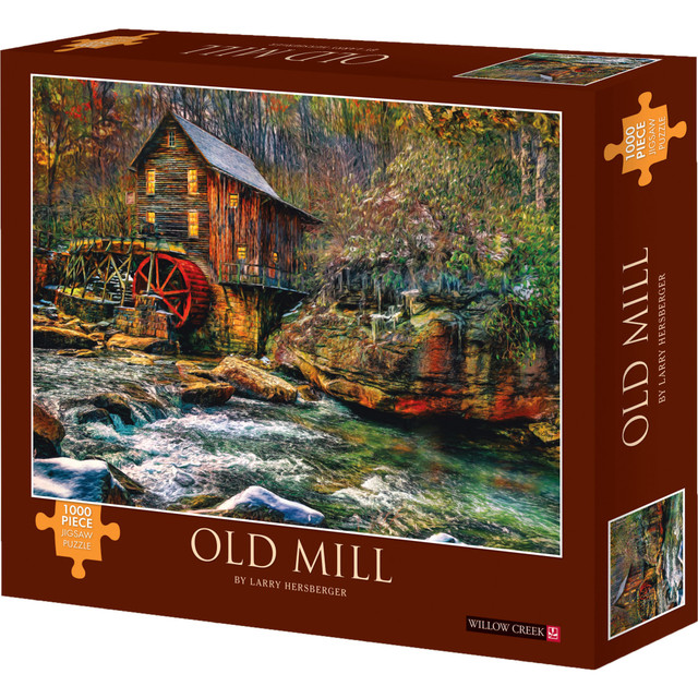 Pass the time with an engaging Willow Creek Press Puzzle. This 1,000-piece puzzle features precision-cut pieces that completely lock together, so the image truly shines when you are done.  1,000-piece puzzle measures 26-5/8in x 19-1/4in when complete.  Fully interlocking pieces are precisely cut to ensure a proper fit.  Pieces arrive in a poly bag to help ensure their protection.  Packaged in a 12in x 10in box.  Offers a photo of a classic mill along the water once completed.