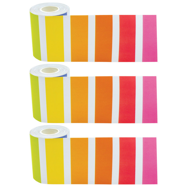 Decorate your classroom with the Teacher Created Resources Straight Rolled Border Trim. Made with tough paper material, this trim gives your room a fun, colorful look.  Paper can withstand the whole school year.  Can be mixed and matched with other border trim for a unique look.  Rolls can be cut to the desired size.  Comes with 3 rolls.