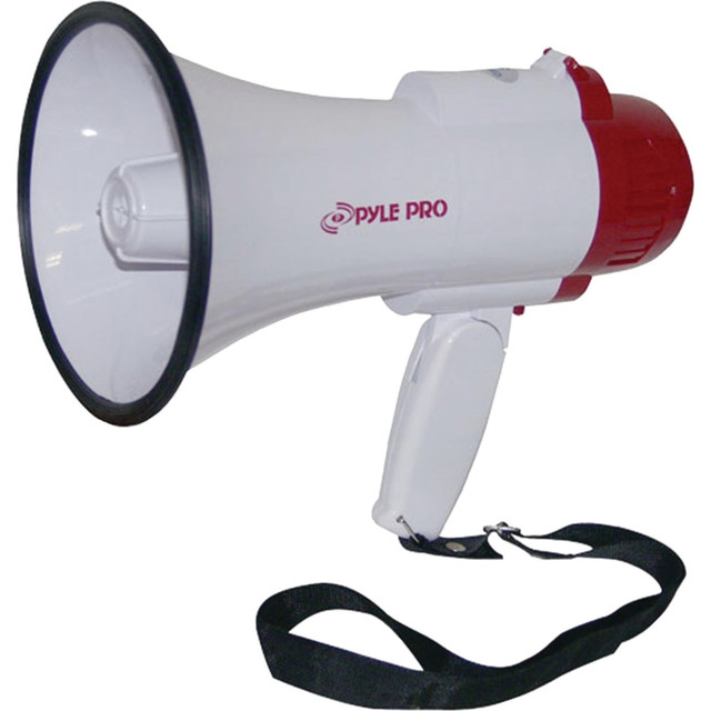 Make your voice heard with the Pyle Pro PMP35R Megaphone. A built-in siren and variable volume control allow you to take charge at large events.  Tough ABS housing.  Offers 30W of power.  Boasts an 800-yard range.  Variable volume control.  Built-in siren.  Voice recording and playback capabilities.  Features 10 seconds of integrated audio memory.  Supports indoor and outdoor use.  Requires 4 D batteries.  Backed by the manufacturers 1-year limited warranty.