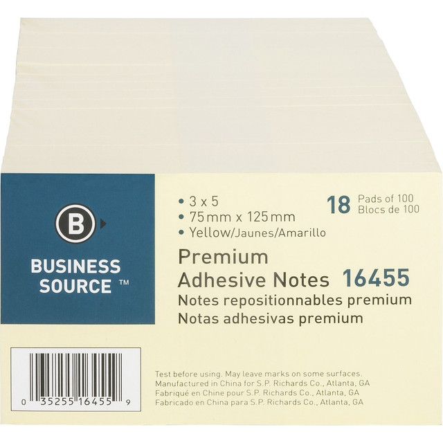 SP RICHARDS 16455 Business Source Repositionable Notes - 3in Flag/Note Width x 5in Flag/Note Length - Rectangle - Yellow - Repositionable, Solvent-free Adhesive - 18 / Pack SP RICHARDS 16455 Business Source Repositionable Notes - 3in Flag/Note Width x 5in Flag/Note Length - Rectangle - Yellow - Repositionable, Solvent-free Adhesive - 18 / Pack