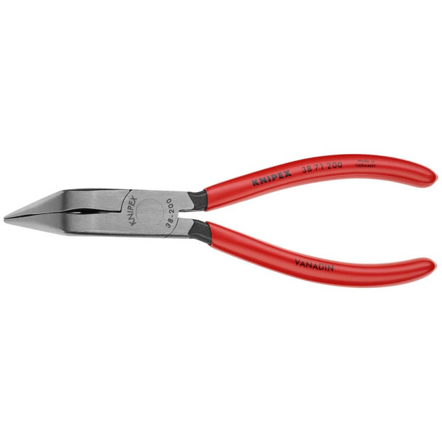 Knipex 38 71 200 Long Nose Pliers; Pliers Type: Mechanic's Pliers; Long Nose Pliers; Cutting ; Jaw Texture: Crosshatch ; Jaw Length (Inch): 2-7/8 ; Jaw Width (Inch): 11/16 ; Jaw Bend: 0.110 ; Handle Type: Comfort Grip