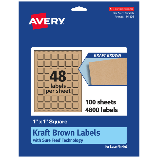 AVERY PRODUCTS CORPORATION 94103-KMP100 Avery Kraft Permanent Labels With Sure Feed, 94103-KMP100, Square, 1in x 1in, Brown, Pack Of 4,800 AVERY PRODUCTS CORPORATION 94103-KMP100 Avery Kraft Permanent Labels With Sure Feed, 94103-KMP100, Square, 1in x 1in, Brown, Pack Of 4,800
