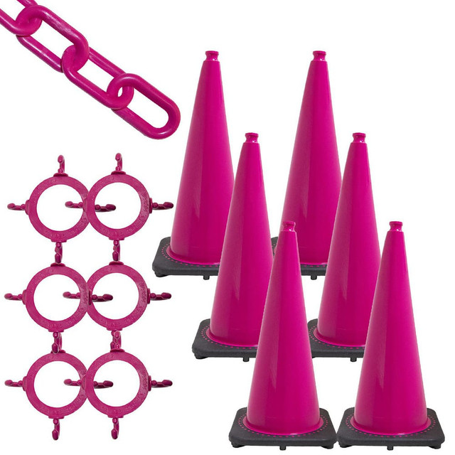 Mr. Chain 93225-6 Traffic Cone & Chain Kit: Plastic, Safety Pink, 50' Long, 2" Wide