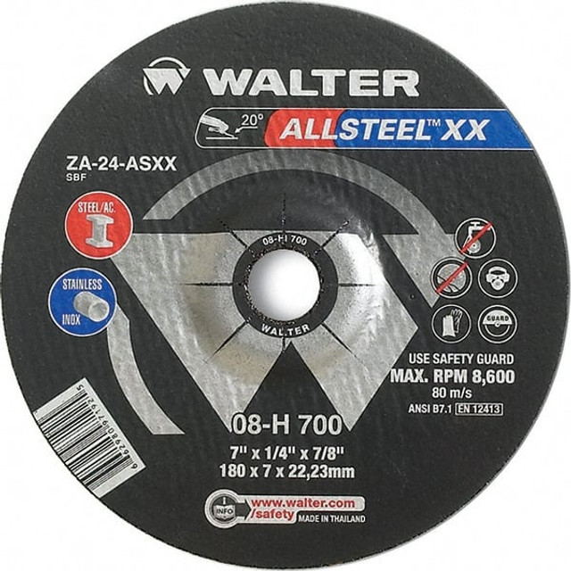 WALTER Surface Technologies 08H702 Depressed Grinding Wheel:  Type 27,  7" Dia,  1/8" Thick,  7/8" Hole,  Aluminum Oxide