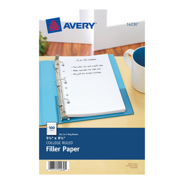 Always have a place to pen your thoughts with our Filler Paper for 5-1/2in x 8-1/2in mini binders. Our medium weight, college-ruled filler paper is pre-punched with seven holes to conveniently fit in your three- or seven-ring mini binder. The package contains 100 sheets so you will always have paper at the ready, whether at home or on the road.  Medium weight college-ruled paper for 5-1/2in x 8-1/2in mini binders.  Punched with seven holes for three- or seven-ring mini binders.  Handwrite only.  Includes 100 sheets.